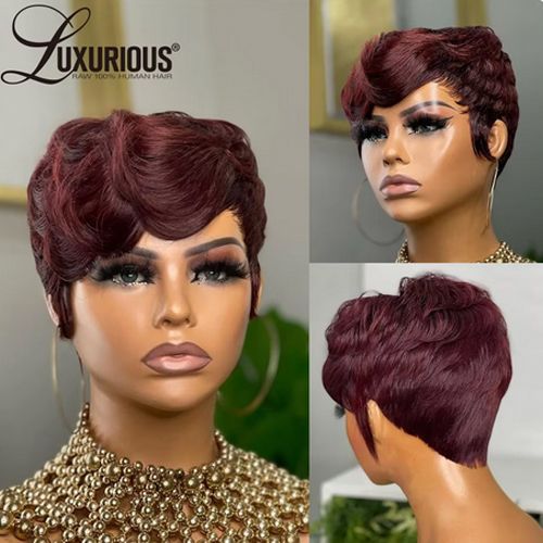 Ombre Brown Pixie Cut Human Hair Wigs With Bang Highlight Burgundy Fully Machine Made Wigs Human Hair Short Bob Wigs For Black