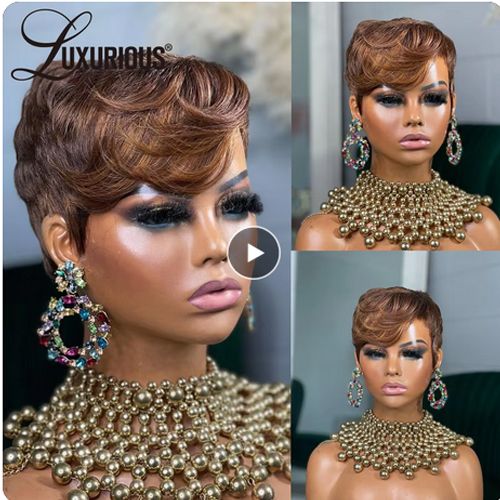 Ombre Brown Pixie Cut Human Hair Wigs With Bang Highlight Burgundy Fully Machine Made Wigs Human Hair Short Bob Wigs For Black