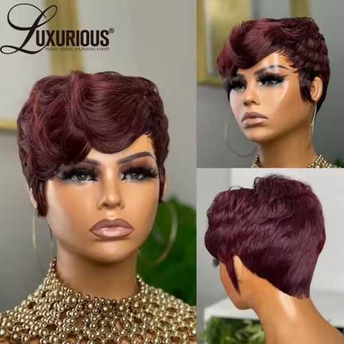 Ombre Brown Pixie Cut Human Hair Wigs With Bang Highlight Burgundy Fully Machine Made Wigs Human Hair Short Bob Wigs For Black