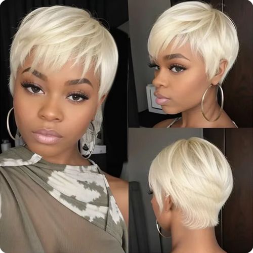 Straight Short Pixie Cut Bob Wigs with Bangs for Women Glueless Brazilian Full Machin Made Human Hair Wigs Wear and Go Bob Wig