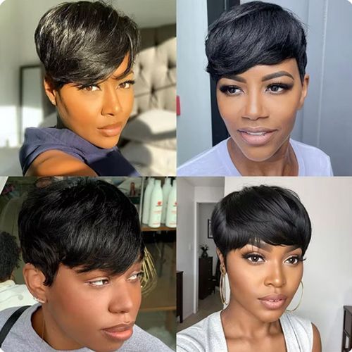 Straight Short Pixie Cut Bob Wigs with Bangs for Women Glueless Brazilian Full Machin Made Human Hair Wigs Wear and Go Bob Wig