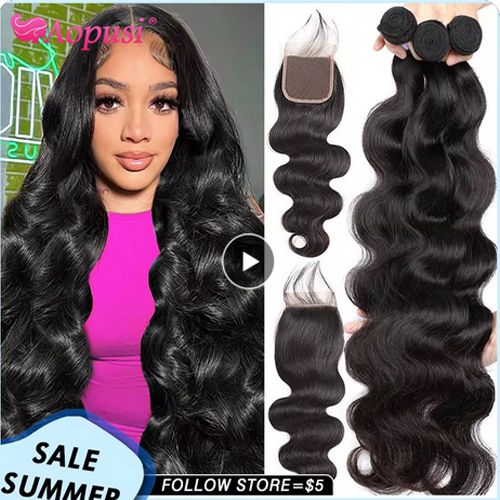 Body Wave Bundles With Closure 6+1 PCS Brazilian Human Hair Weave Bundles With Closure Hair Extension Bundles 14+16+18inch (6PCS)