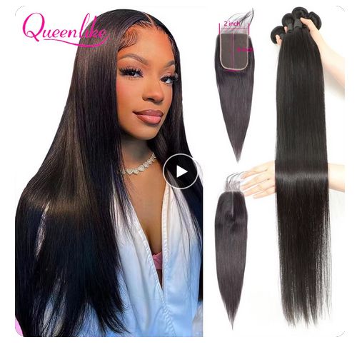 14 16 18 inch Straight Human Hair Bundles With Closure Brazilian Raw Hair Weave Bundles With 4x4 Deep Part Closure and Bundles 6+1PCS in parcel