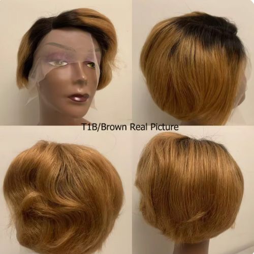 Short Bob Wig Pixie Cut Wig Straight Human Hair Wigs 13x1 Transparent Lace Fronta Wig For Women Highlight Straight Pixie Cut Wig