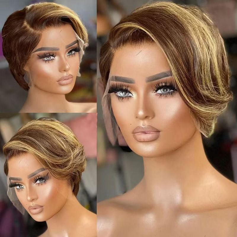 Short Wigs Human Hair Wigs For Women Pixie Cut Human Hair Finger Wave Wig Natural Color Glueless 13x1 Side Part Lace Frontal Wig