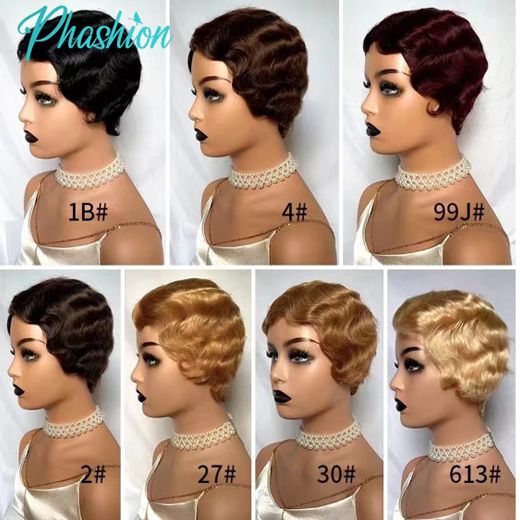 Phashion Pixie Cut Wigs Finger Wave Colored & Natural African Wig For Black Women Short Straight Machine Made None Lace Hair
