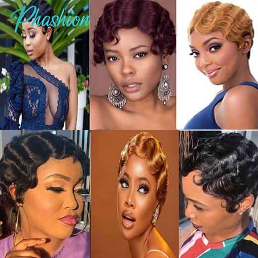 Phashion Pixie Cut Wigs Finger Wave Colored & Natural African Wig For Black Women Short Straight Machine Made None Lace Hair