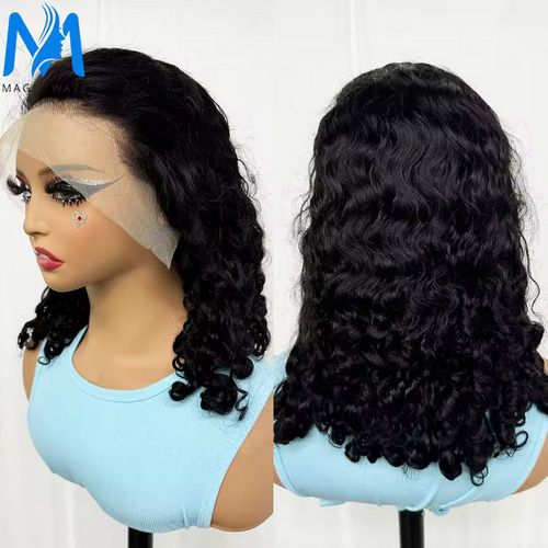 Natural Black Water Wave Bob Human Hair Wigs for Black Women 200% Density 14 16 Inches Short Deep Wave Curly Remy Human Hair Wig