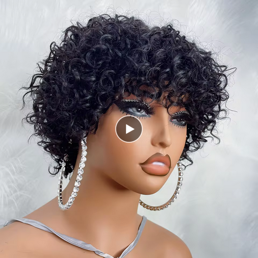 Pixie Cut Human Hair Wigs For Black Women Afro Rose Curly Funmi Glueless Wigs with Bangs Short Bouncy Curly Bob Wig With Bangs