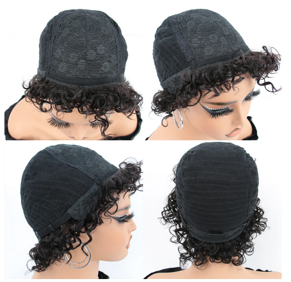 Pixie Cut Human Hair Wigs For Black Women Afro Rose Curly Funmi Glueless Wigs with Bangs Short Bouncy Curly Bob Wig With Bangs