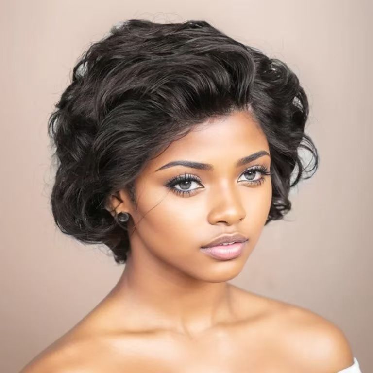 Pixie Cut Human Hair Wigs For Black Women Afro Rose Curly Funmi Glueless Wigs with Bangs Short Bouncy Curly Bob Wig With Bangs