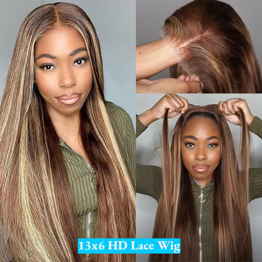 Highlight Omber 200% Density 13x4 Hd Lace Frontal Wig Density 30 32 Inch P4/27 Colored Straight Human Hair Front Wigs