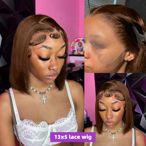 Brazilian 120 Density Short Bob 13x4 HD Transparent Lace Front Human Hair Wig Chocolate Brown Straight Lace Frontal Wigs omber colorful
