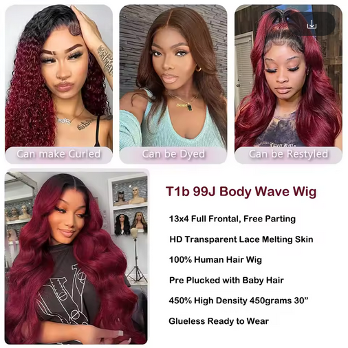 360 HD Lace Front Wig Vietnam Human Hair Wigs 99J Red Brown T1b/99j Burgundy Colored HD Transparent Pre Plucked Lace Frontal 12A Grade Human Hair Wigs Straight