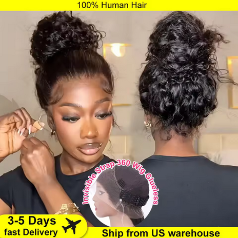 250 Density Invisible Strap 360 HD Full Lace Glueless Wig Deep Wave Frontal Wig Human Hair 30 Inch Water Wave Lace Front Wig High Density Deep Wave 360 Full Lace Frontal Human Hair Wig