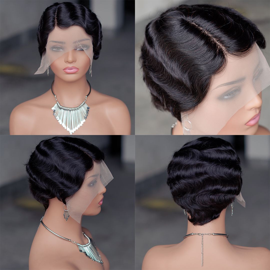 13x4 Lace Short Pixie Cut Wigs for Black Women Finger Ocean Wave Wigs Short 12A Hight Quality Human Hair Wigs