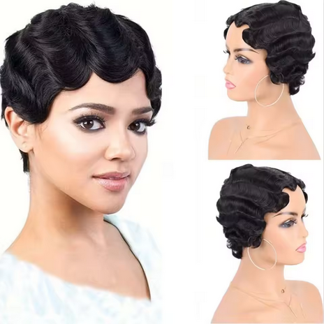 Short Pixie Cut Wigs for Black Women Finger Ocean Wave Wigs Short Wavy Wig Heat Resistant Synthetic Wigs for Cosplay Party