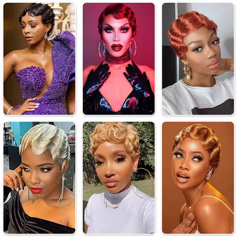 Short Pixie Cut Wigs for Black Women Finger Ocean Wave Wigs Short Wavy Wig Heat Resistant Synthetic Wigs for Cosplay Party