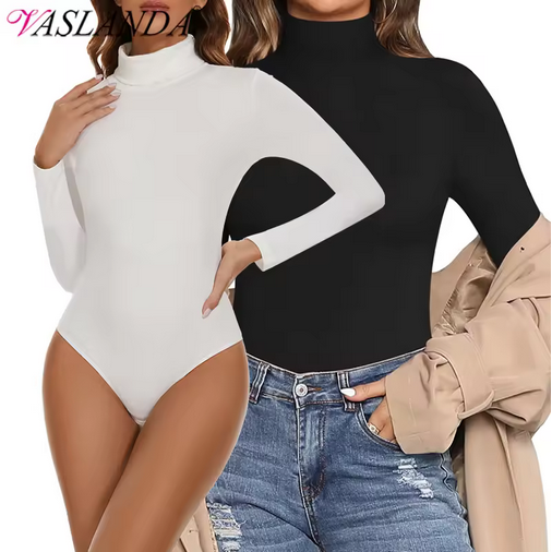 Women's Turtleneck Long Sleeve Bodysuits Fall Fashion Basic Layering Jumpsuit Slim Fit Soft Thermal Underwear Tops