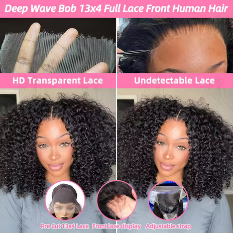 Water Curly Short Bob Wigs 250% Brazilian Ready to Go 4X4 Glueless Human Hair Wigs Deep Wave HD Lace Frontal Wig For Women