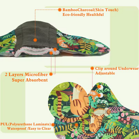 6PCs--Charcoal Menstrual Pads Fast Absorbent Waterproof Panty Liner Washable Cloth Napkin Reusable Sanitary Pads Dropship