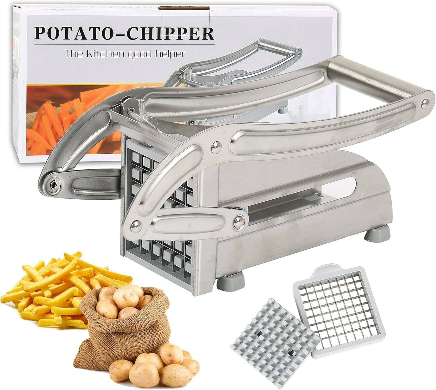 French Fry Cutter Stainless Steel Potato Chipper Fast Cutting Potato Chip Cutter with 36/46 Holes Blades Manual Food Slicer Dicer Multifunction Vegetable Fruit Chipper for Potato Onion With Interchang
