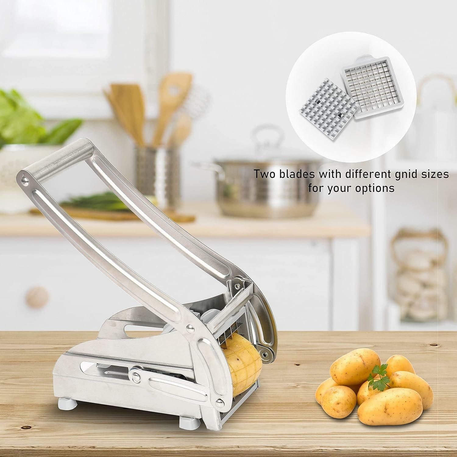 French Fry Cutter Stainless Steel Potato Chipper Fast Cutting Potato Chip Cutter with 36/46 Holes Blades Manual Food Slicer Dicer Multifunction Vegetable Fruit Chipper for Potato Onion With Interchang