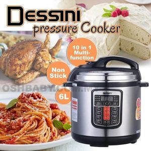 Dessini 6l ELECTRIC PRESSURE COOKER 6 LITRES WITH TIMER.6 pre-programmed menu (Rice, Cake, Chicken, Soup, Bean/Beff, Manual Cook)
5 built-in safety features (Lid Auto-Lock, Pressure Auto-Relief, De-Pr