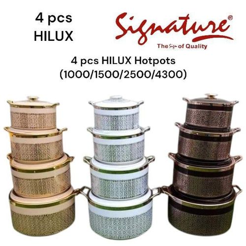 Signature 4pcs Hilux Hotpots Insulated Casserole Serving Dish Hot Pot Serveware Set Casserole.Keeps food hot and fresh for up to 6 Hours
Double wall strong and insulated.
Ideal even for carrying durin