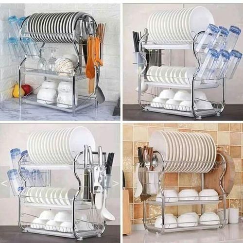 🤪PROMOTION 🤪3 Layer Tier Stainless Steel Dish Drainer Dish Rack Stand.Modern 3 tier design 
Drainboard with drainage spot 
Detachable cutlery cup included
Durable chrome-plated steel con