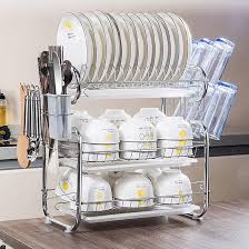🤪PROMOTION 🤪3 Layer Tier Stainless Steel Dish Drainer Dish Rack Stand.Modern 3 tier design 
Drainboard with drainage spot 
Detachable cutlery cup included
Durable chrome-plated steel con