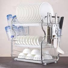 🤪PROMOTION 🤪3 Layer Tier Stainless Steel Dish Drainer Dish Rack Stand.Modern 3 tier design 
Drainboard with drainage spot 
Detachable cutlery cup included
Durable chrome-plated steel con
