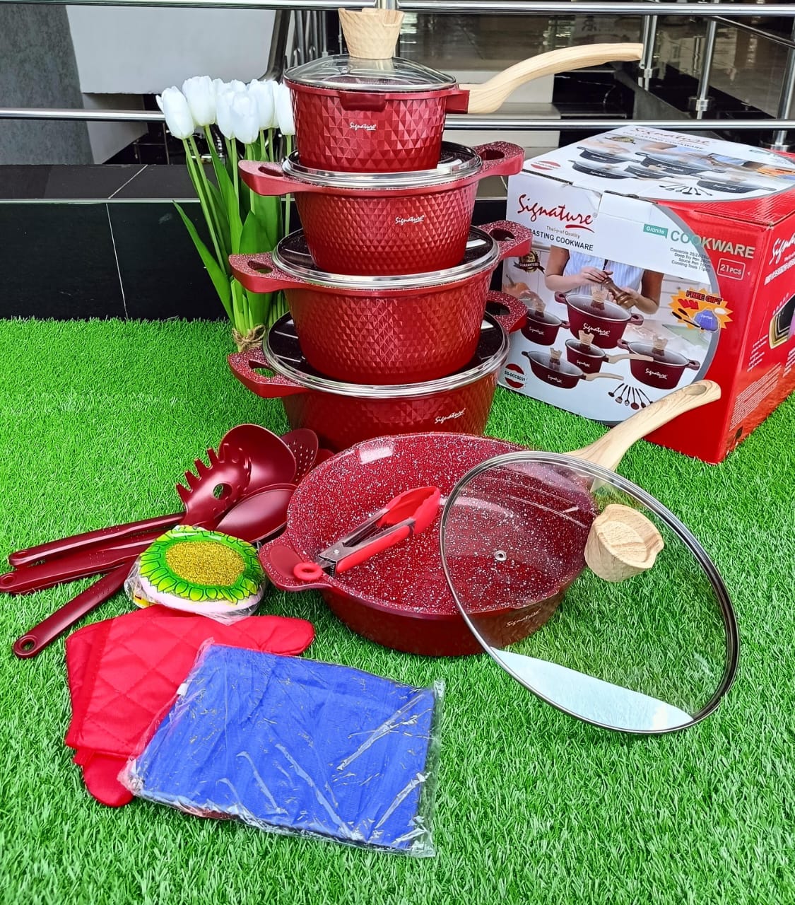 Signature 21 pcs NON-STICK heavy duty granite coated Cookware Set Sufurias/pots  Double nonstick coating for easy food release, cleaning and healthy cooking. Tempered glass lid with vent prevents over