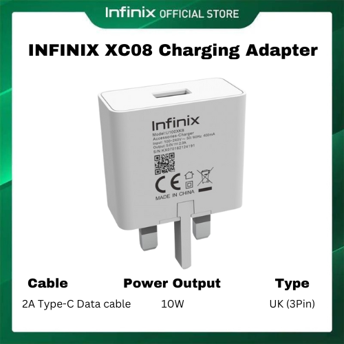Infinix XC08 10W UK Fast Charging Adapter with 10W 2A USB-A to Type-C Cable – Compact, Safe & Compatible with Infinix Smartphones