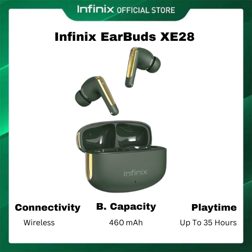 Infinix EarBuds XE28 Up to 25dB Noise Cancellation 4-Mic AI DNN ENC for Clear Call Powerful and Rich bass with great master tune 30-Hour Playtime