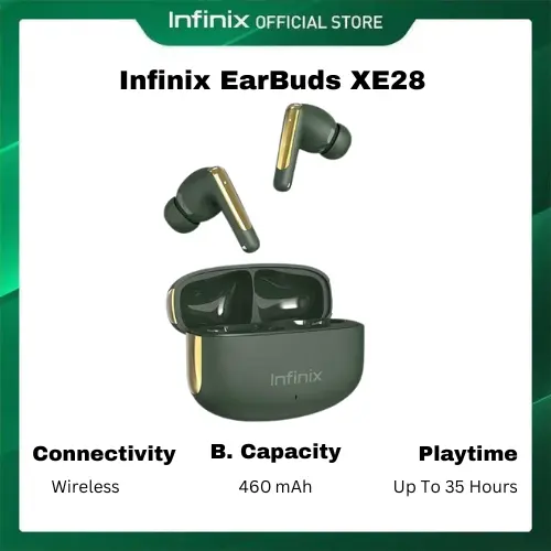 [Hot Deals] Infinix EarBuds XE28 Up to 25dB Noise Cancellation 4-Mic AI DNN ENC for Clear Call Powerful and Rich bass with great master tune 30-Hour Playtime