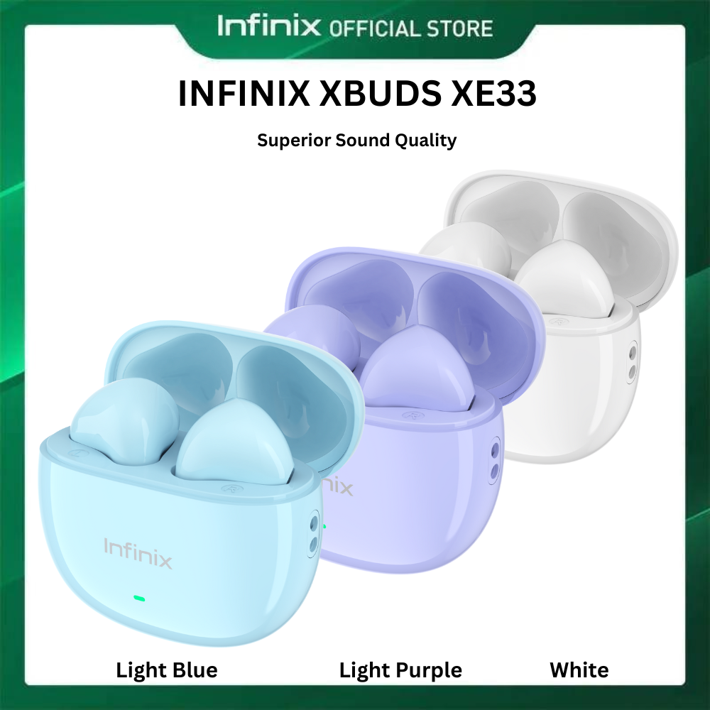 INFINIX XBUDS XE33 bluetooth earphones earpods 10mm Clear Calls  Sound Ai ENC Noise Cancellation 5/28 Hours long battery life Deep Bass Drivers, Dynamic Audio