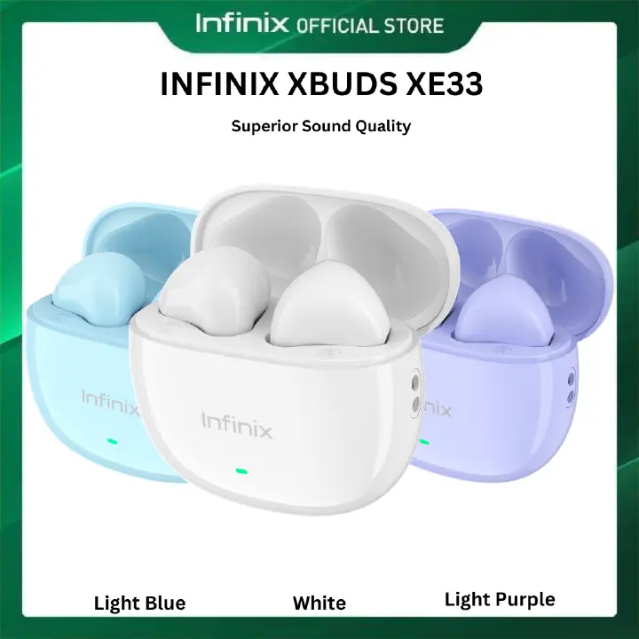 INFINIX XBUDS XE33 bluetooth earphones earpods 10mm Clear Calls  Sound Ai ENC Noise Cancellation 5/28 Hours long battery life Deep Bass Drivers, Dynamic Audio