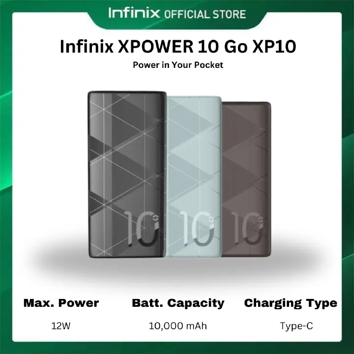 [New Arrivals!] Infinix Xpower 10 Go XP10 10000mAh 12W Power Bank Slim Design, Fast Charging Powerbank LED Display Flashlight Phone Holder Portable Battery Charger For all Phones iPhone Xiaomi Huawei