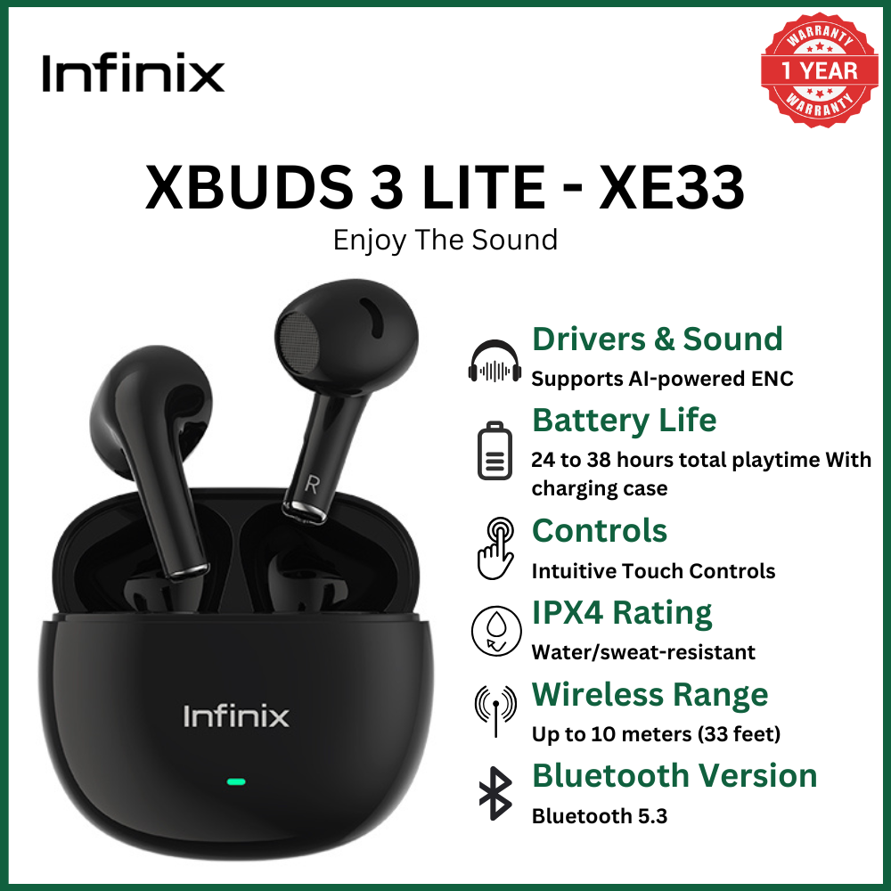 [Hot Deal] INFINIX XBUDS 3 LITE -  XE33 bluetooth earphones earpods 10mm AI ENC technology  for Clear Call   5/28 Hours long battery life Deep Bass Drivers, Dynamic Audio