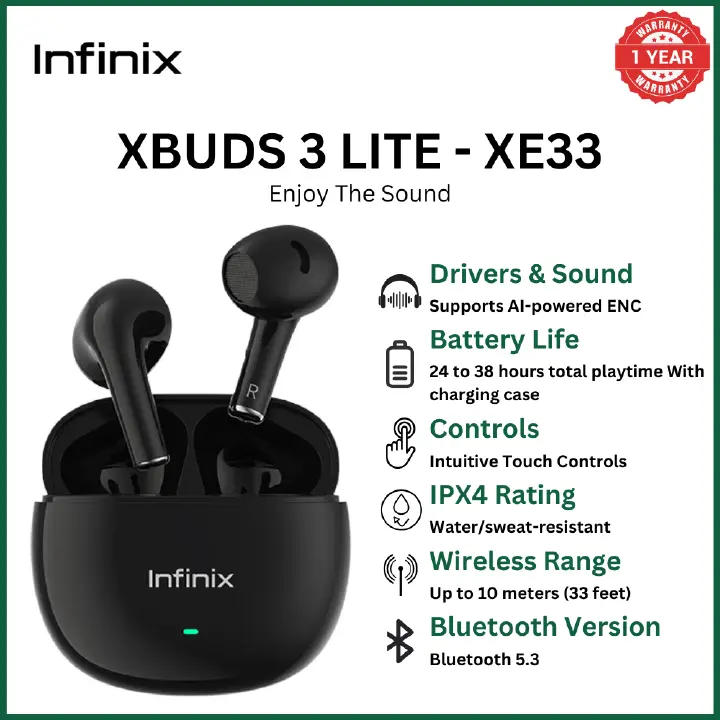 [Mega Discount] Infinix Buds Xbuds  3 Lite (XE33) - Earbuds, Earphones, TWS, AI ENC Noise Cancellation, 24H Playtime, Volume Touch Control, Bluetooth 5.3, IPX4  long battery life Deep Bass