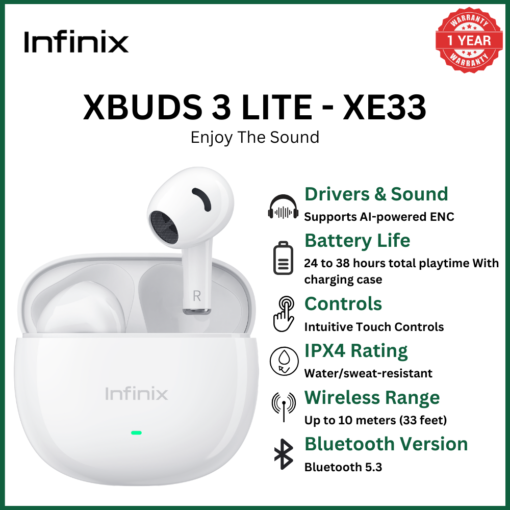 [Hot Deal] INFINIX XBUDS 3 LITE -  XE33 bluetooth earphones earpods 10mm AI ENC technology  for Clear Call   5/28 Hours long battery life Deep Bass Drivers, Dynamic Audio