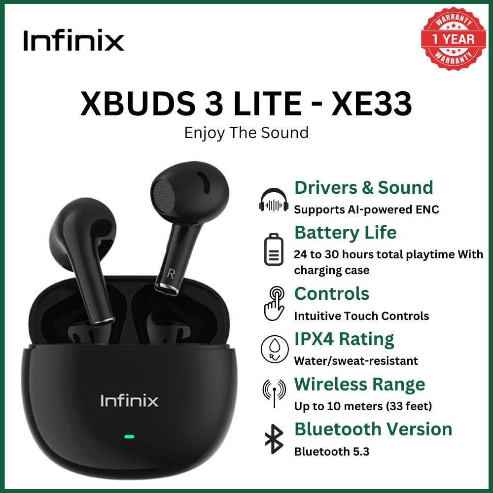INFINIX XBUDS 3 LITE -  XE33 AI ENC Noise Cancellation, 24H Playtime, Volume Touch Control, Bluetooth 5.3, IPX4 long battery life Deep Bass Drivers, Dynamic Audio