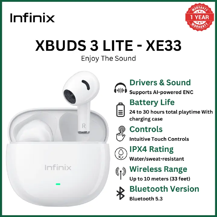 INFINIX XBUDS 3 LITE -  XE33 AI ENC Noise Cancellation, 24H Playtime, Volume Touch Control, Bluetooth 5.3, IPX4 long battery life Deep Bass Drivers, Dynamic Audio