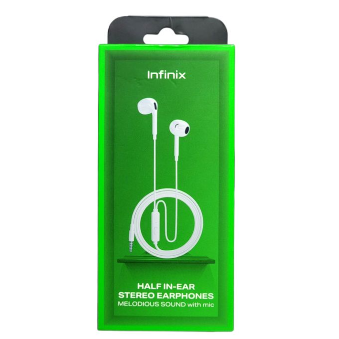 [ Special Offer ] Infinix earphones Half In Ear Stereo Headphones  - Full Bass Universal 3.5mm jack  Built-in microphone for hands-free calls Compatible with iPhone, Samsung , Techno ..