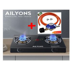 [ SHOP AT DISCOUNTED PRICE  ]. AILYONS Glass Table Top Double Burner Gas Stove + Pipe & Regulator.2-burner, Tampered glass top
Strong Galvanized steel
Auto ignition system
Whirlwind Technology 
New st