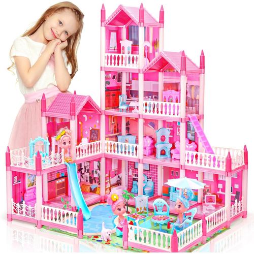 🤪Open up to more fun for your kids🤪Beauenty Doll House Building Toys with Lights to Assemble Kitchen, Bedroom, Furniture, Garden, Dolls, Pets, Pink Play Dream House for Girls, Girls Toddler DIY Idea