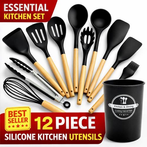 making everyday cooking simple and enjoy🦋12Pcs Silicone Cooking Utensils Set for Nonstick Cookware, 230°C Heat Resistant Kitchen Utensil Set with Wooden Handle, Spatula, Turner, Spoon, Tongs, Whisk🥏