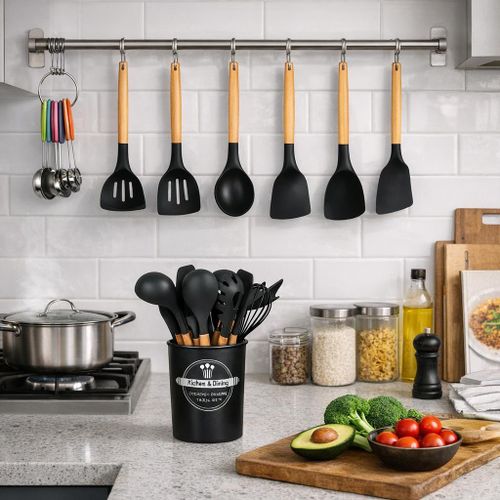 making everyday cooking simple and enjoy🦋12Pcs Silicone Cooking Utensils Set for Nonstick Cookware, 230°C Heat Resistant Kitchen Utensil Set with Wooden Handle, Spatula, Turner, Spoon, Tongs, Whisk🥏