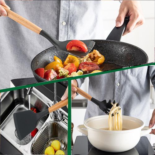 making everyday cooking simple and enjoy🦋12Pcs Silicone Cooking Utensils Set for Nonstick Cookware, 230°C Heat Resistant Kitchen Utensil Set with Wooden Handle, Spatula, Turner, Spoon, Tongs, Whisk🥏